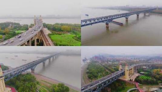 南京长江大桥车流长江航运航拍高清在线视频素材下载