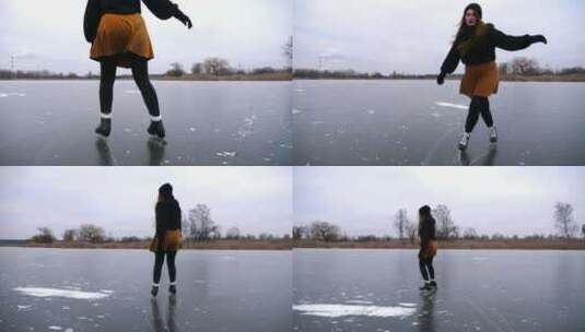 阴天，女子滑冰运动员在冰冻的河上滑冰，穿高清在线视频素材下载