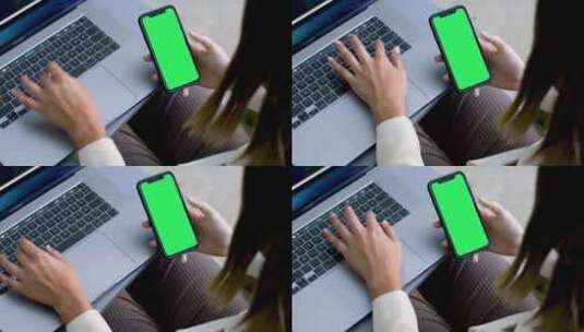女人电脑办公查看手机绿幕高清在线视频素材下载