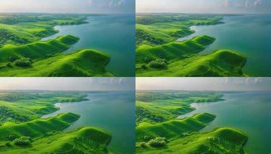 航拍绿色的绿色山川河流湖泊高清在线视频素材下载