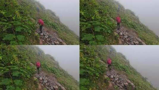 攀登四川第二高峰中山峰的登山队徒步进山高清在线视频素材下载