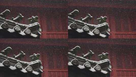 武当山紫霄宫古建筑房檐脊兽雪景红色背景高清在线视频素材下载