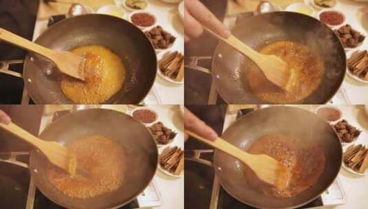 厨师木铲炒糖色 (1)高清在线视频素材下载