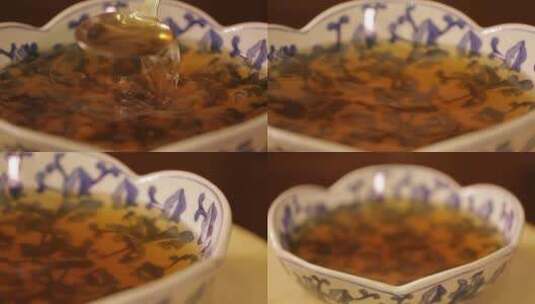 青花瓷碗泡发香菇高清在线视频素材下载