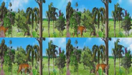 老虎散步 森林动物 3d动画高清在线视频素材下载