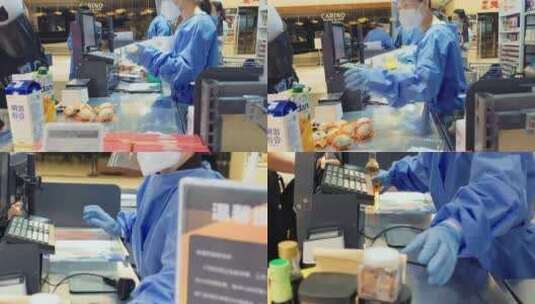 新冠疫情期间的超市收银台一组镜头高清在线视频素材下载
