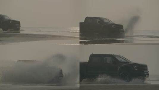 黄昏皮卡汽车海边沙滩冲浪高清在线视频素材下载