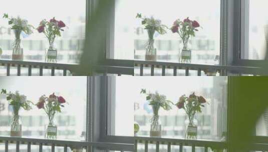 实拍办公楼休闲区窗外玻璃罐花瓶绿植玫瑰花高清在线视频素材下载