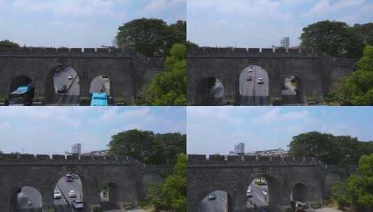 航拍湖北荆州三国历史古城门与城墙高清在线视频素材下载