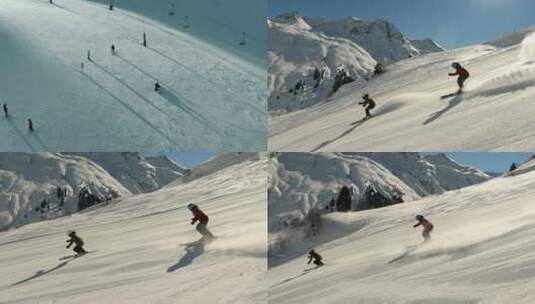 男女滑雪板运动员在阳光下滑雪高清在线视频素材下载