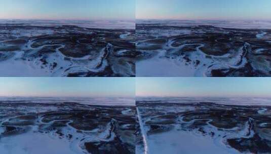 航拍寒冬湿地河湾雪景暮色高清在线视频素材下载