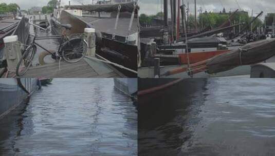 荷兰阿姆斯特丹河边码头停靠的船高清在线视频素材下载