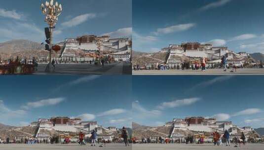 西藏旅游风光拉萨布达拉宫广场路灯游客高清在线视频素材下载
