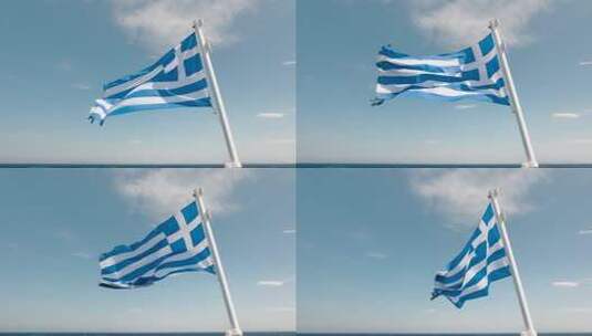 公海上渡轮背面迎风飘扬的希腊国旗特写镜头，机器人中有一条细长的水带高清在线视频素材下载