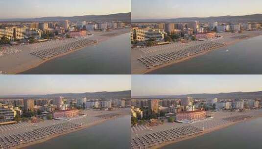 位于黑海海岸的阳光海滩城市的鸟瞰图。沙滩俯视图高清在线视频素材下载