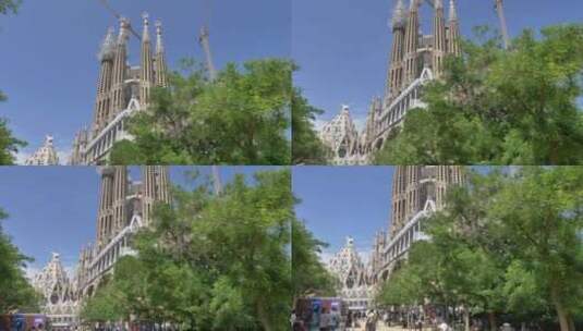 西班牙巴塞罗那圣家堂，阳光明媚的一天，太阳耀斑高清在线视频素材下载