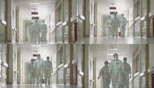 穿着防护服的医护人员行走在隔离病房高清在线视频素材下载