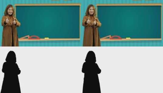 年轻女教师在卡通黑板前竖拇指鼓励（带通道高清在线视频素材下载