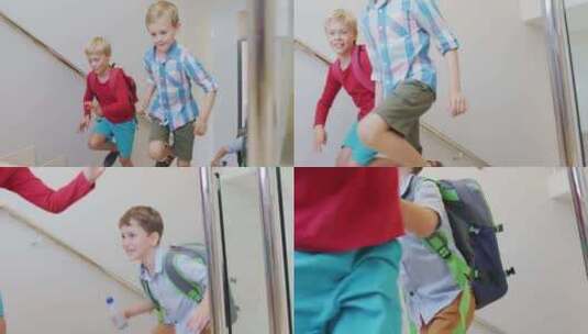 快乐的高加索男孩在学校跑上楼的视频高清在线视频素材下载