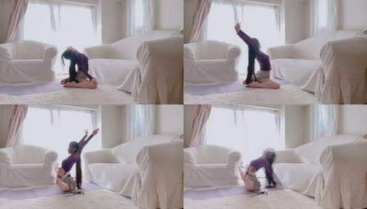 美女瑜伽美女在客厅练习瑜伽高清在线视频素材下载