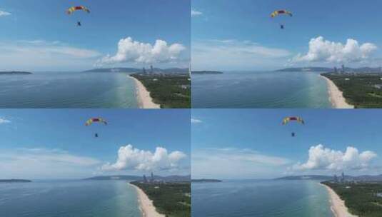 航拍三亚海棠湾蓝天白云动力伞直升机海岸线高清在线视频素材下载