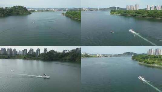 柳州柳江风景水上快艇航拍4K高清在线视频素材下载