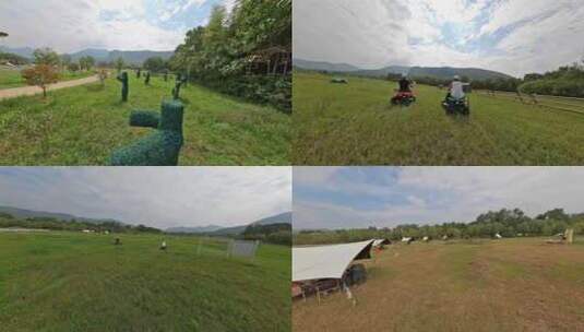 穿越机航拍乐园草坪骑马射箭山地越野车露营高清在线视频素材下载