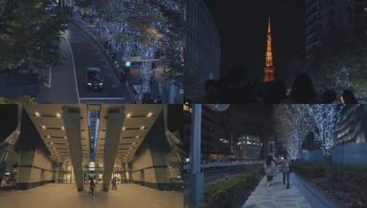 日本东京夜景灯光人流汽车街道东京塔圣诞树高清在线视频素材下载