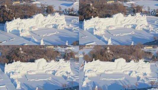 中国黑龙江哈尔滨太阳岛雪博会雪雕航拍高清在线视频素材下载
