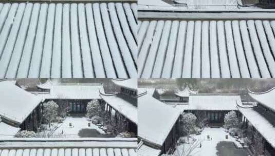 航拍北湖湿地公园雪景湖泊古建筑江南下雪高清在线视频素材下载