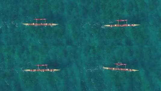 瓦胡岛上运动员划船传统夏威夷独木舟的俯视高清在线视频素材下载