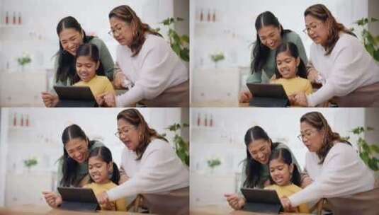 祖母、母亲和女儿在平板电脑上，一家人在客高清在线视频素材下载