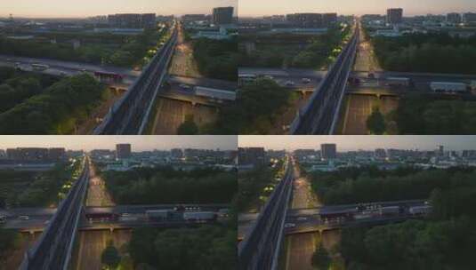 傍晚高速公路高架桥车辆交通运输车流航拍高清在线视频素材下载