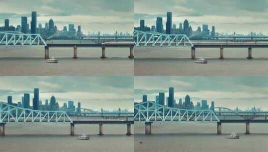 高铁驶过城市大桥高清在线视频素材下载