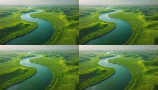 航拍绿色的平原和蜿蜒的河流高清在线视频素材下载