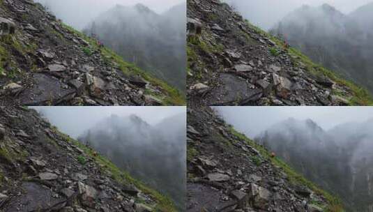 攀登四川第二高峰中山峰的登山队徒步进山高清在线视频素材下载