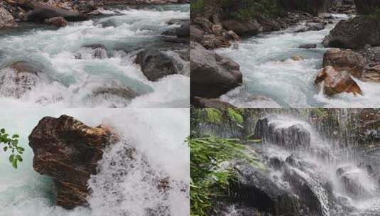 二郎山喇叭河奔流拍岸瀑布 山间溪流与岩石高清在线视频素材下载