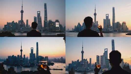 商务男外滩举杯眺望-合集高清在线视频素材下载