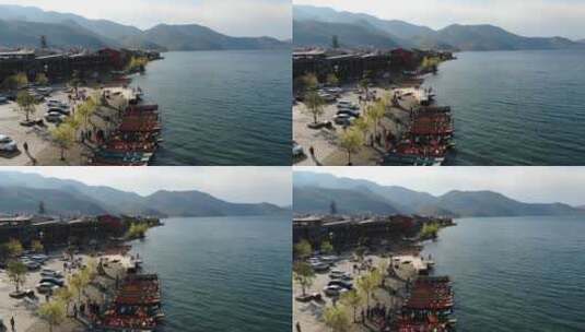 航拍泸沽湖畔旅游美景高清在线视频素材下载