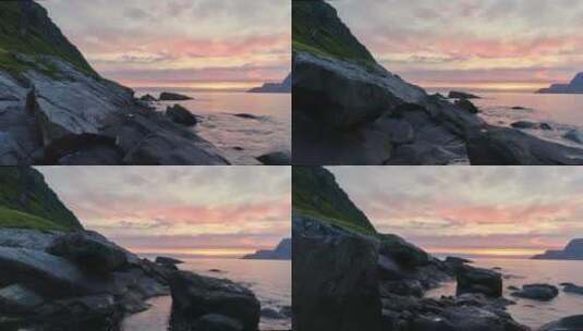 多岩石海岸的日落无人机天桥高清在线视频素材下载