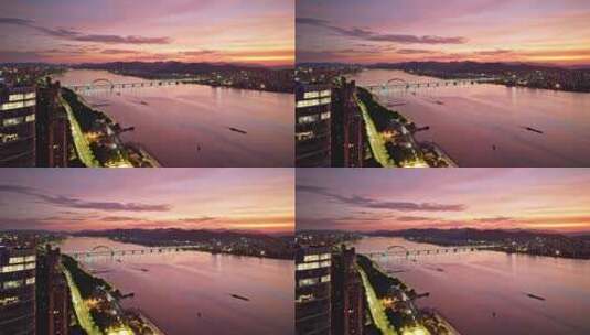 杭州滨江钱塘江边现代城市建筑傍晚航拍高清在线视频素材下载