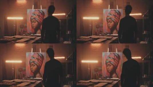 男人看着一幅油画高清在线视频素材下载