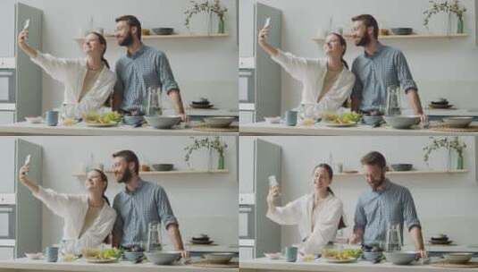 幸福的夫妇在现代厨房自拍高清在线视频素材下载