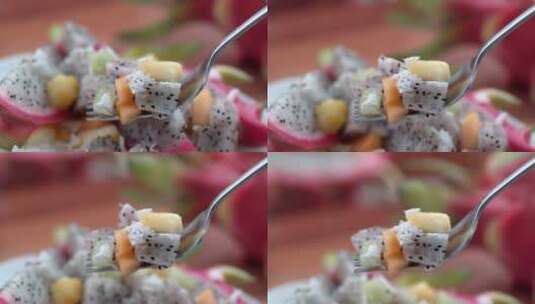 用勺子盛起来一勺水果沙拉高清在线视频素材下载