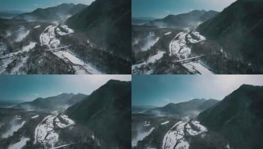 航拍雪后山林景观高清在线视频素材下载