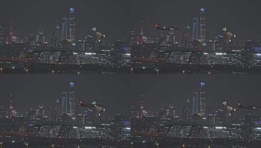 实拍上海城市陆家嘴飞机飞过城市高清在线视频素材下载