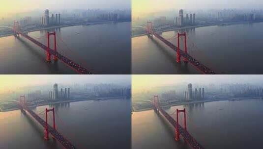航拍鹦鹉洲长江大桥车流4k高清在线视频素材下载