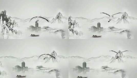 中国风水墨山水小船视频高清在线视频素材下载