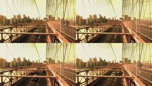 布鲁克林大桥上通过的汽车和行人高清在线视频素材下载