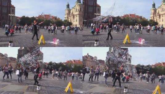 男人在广场上制造大量泡泡高清在线视频素材下载